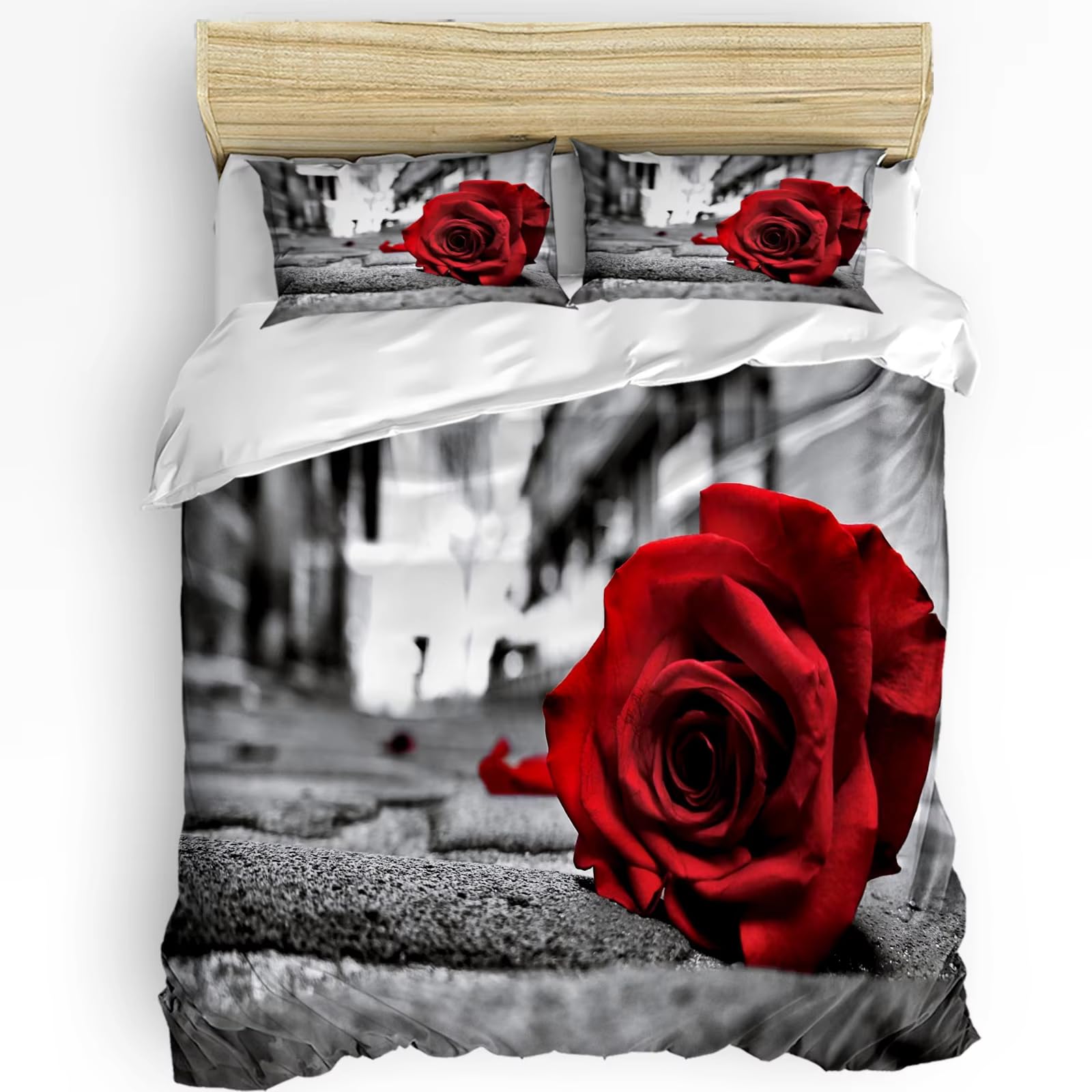 Parure de lit 240x260 cm rétro avec housse de couette fleurs roses et 2 taies d'oreiller