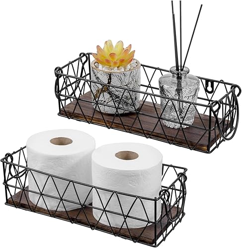 MyGift 2 cestas de almacenamiento de metal geométrico negro montado en la pared con base rústica de madera quemada maciza, cubos pequeños