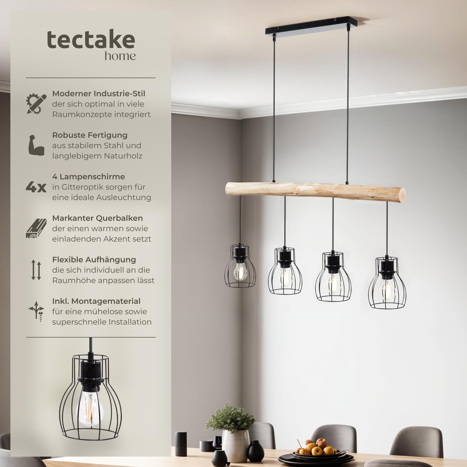 tectake® Pendelleuchte, Lampe hängend 4-flammig, Deckenlampe schwarz mit Holzbalken, Industrial Style Wohnzimmer, Esszimmer Lampe, Wohnzimmerlampe, Flurlampe, Hängelampe Esstisch