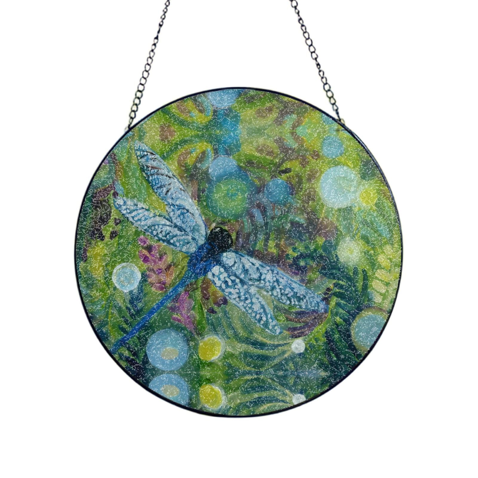 Phayah Hand Painted Blue Dragonfly Print Glass Window Hanging Sun Catchers Suncatcher Decor For Birthday For Home Garden Porch 12in（30cm）