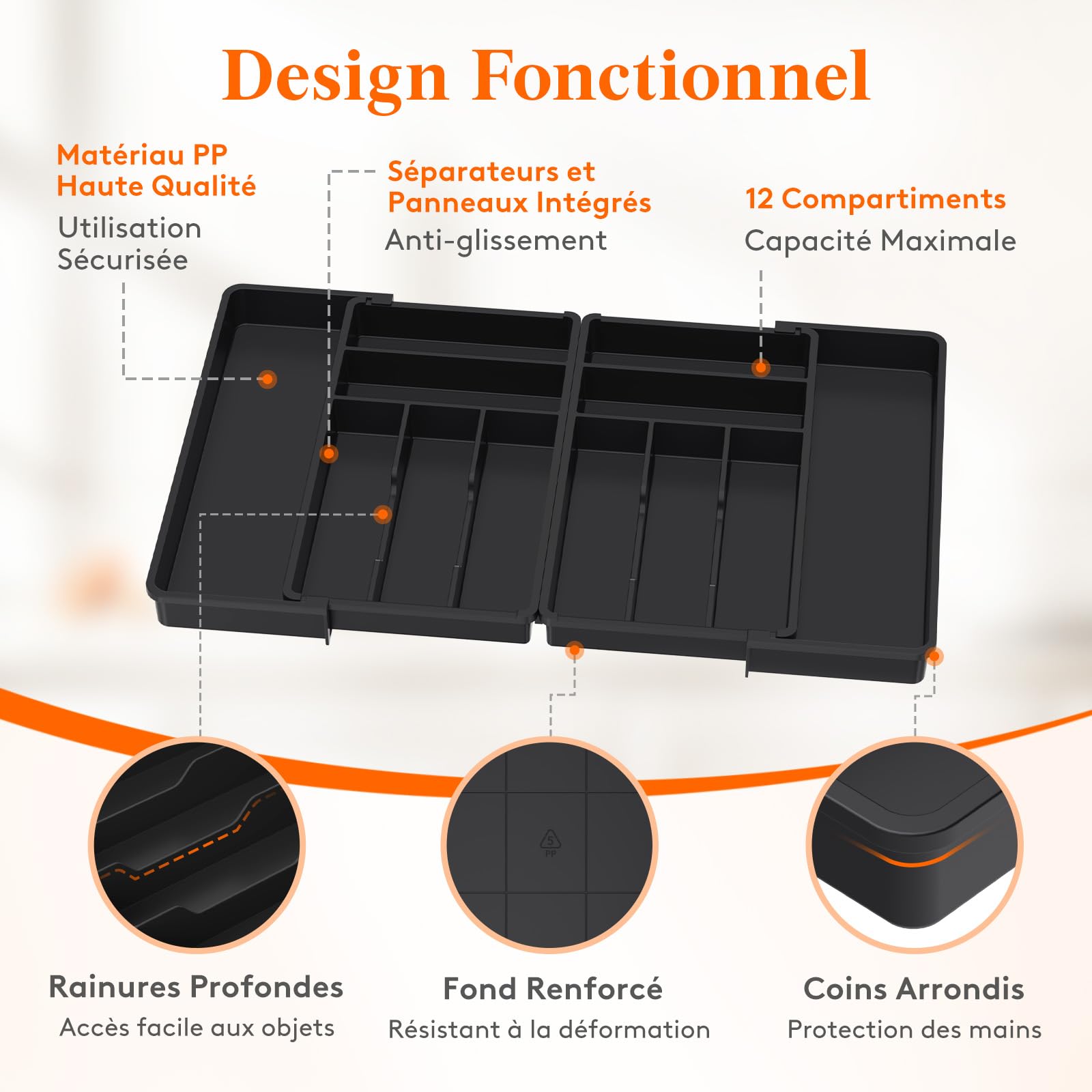 Lifewit Grand Range Couverts, Largeur de 46 à 70 cm, Organisateur Couverts Réglable pour Tiroirs, Profondeur 42,4 cm, Rrangement de Cuisine Amovible, Porte Ustensiles pour Fourchettes/Couteaux, Noir