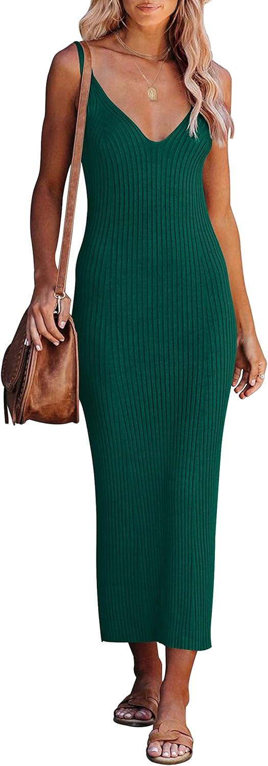 MEROKEETY Womens 2025 Summer V Neck Knit Midi Dress Bodycon Casual Sleeveless Ribbed Party Sweater Dresses