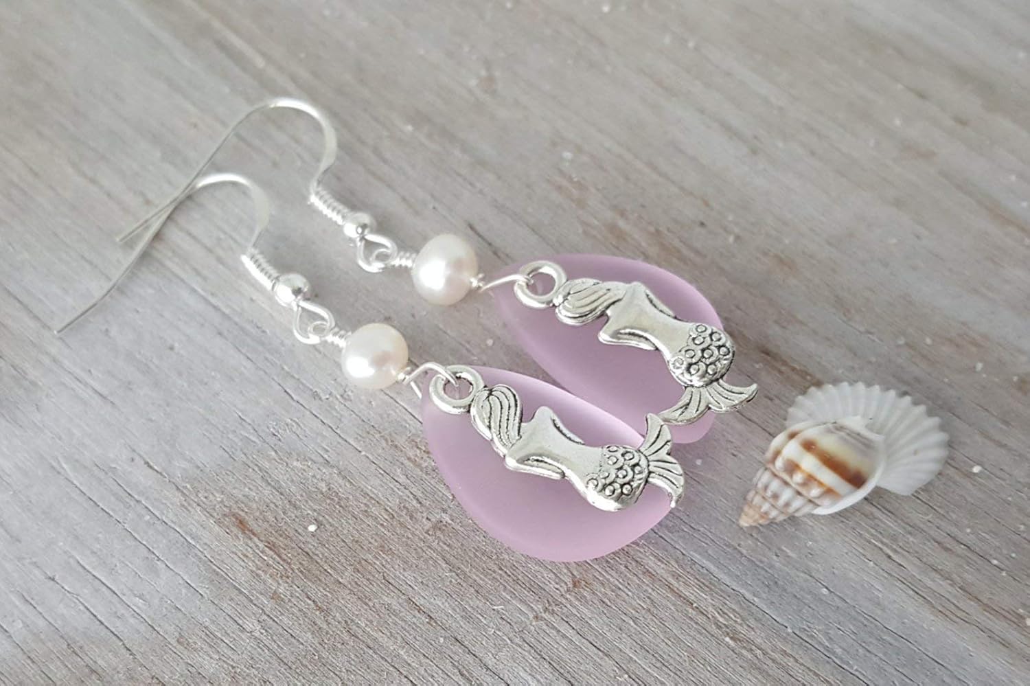 Handmade in Hawaii,"Twin Mermaids" Pink sea glass earrings, mermaid charm,"October Birthstone color", (Hawaii Gift Wrapped, Customizable Gift Message)