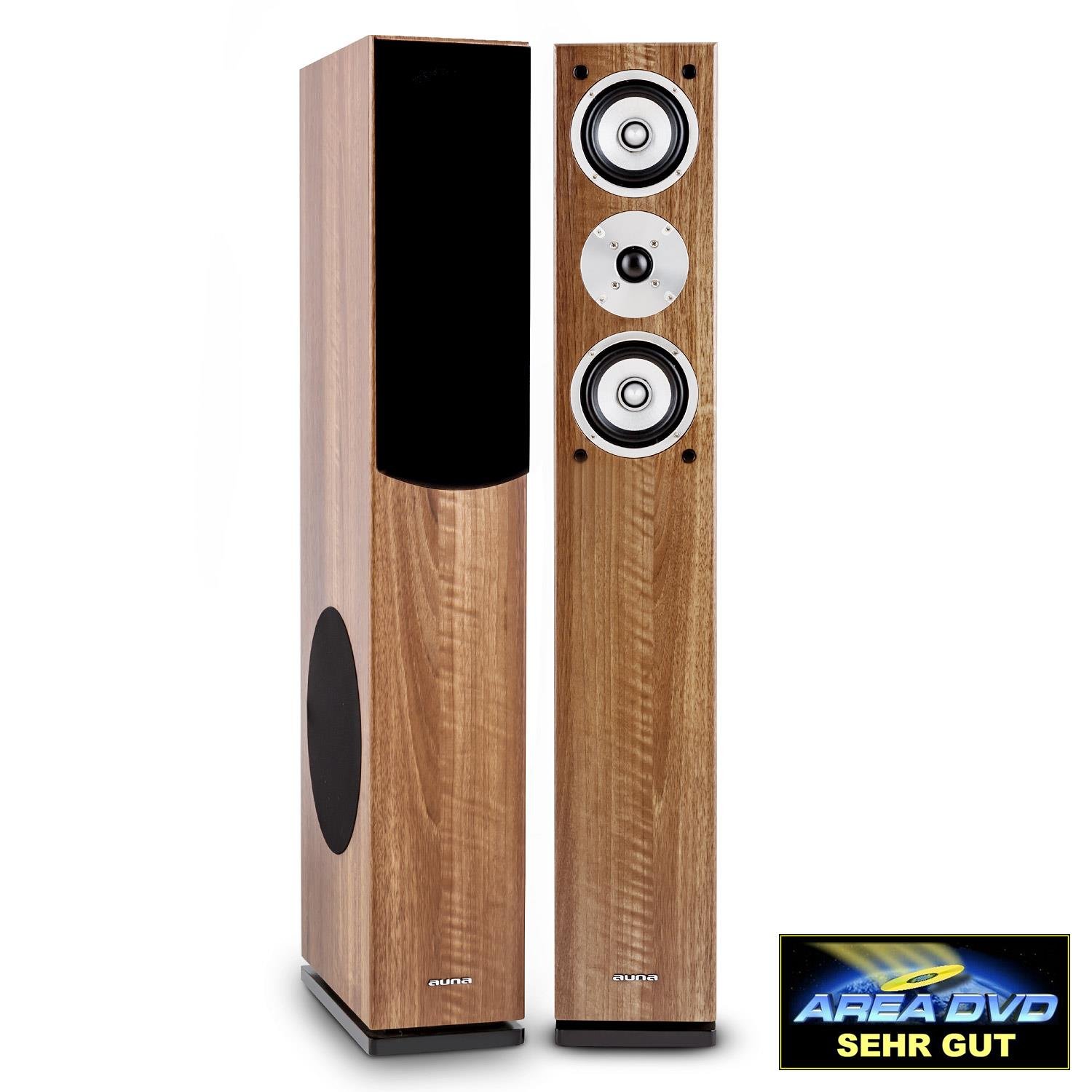 AUNA Linie 501 - Altavoces de Torre pasivos, Rendimiento RMS 140 W, Potencia máx. 280 W, Subwoofer, Frecuencias Medias agudas, Revestimiento de Aluminio, Carcasa de Madera, Cubierta extraíble, Marrón