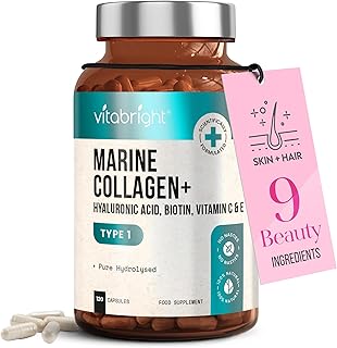 Marine Collagen Supplements for Women 2450mg Complex | 120 Hydrolyzed Marine Collagen Capsules with Hyaluronic Acid | Skin Supplements for Women | High Strength Collegen Peptides Tablets | Vitabright