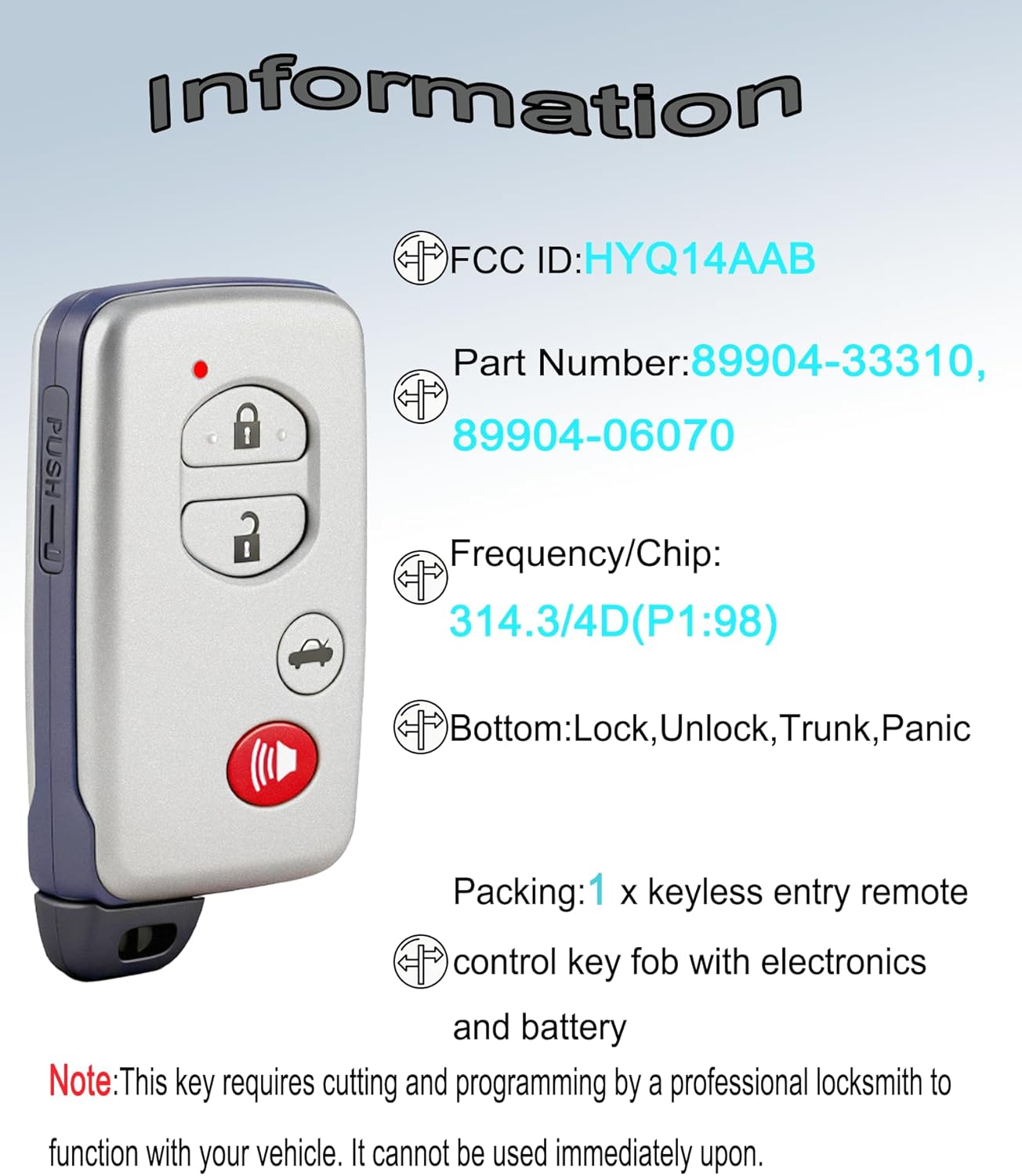 Smart Key Fob for Toyota Camry Avalon 2010-2014, YIKEBALOG 4-Button Remote Control Key Fob for Toyota Corolla 2011-2014 HYQ14AAB 271451-3370 89904-06070