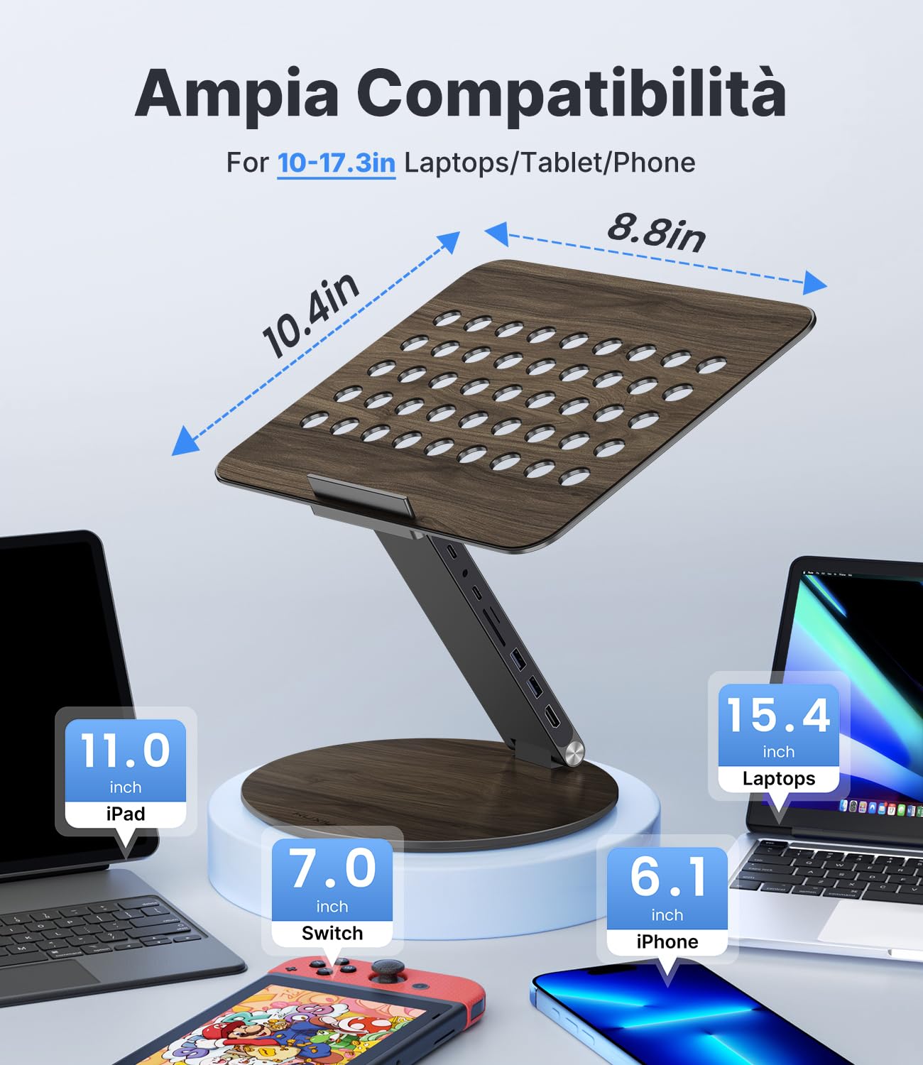 KU XIU Regolabile Supporto Laptop con Docking Station 8-in-1 Alluminio | Supporto con Base Girevole a 360°, Dual Display 4K60Hz HDMI USB 3.0 PD 100W Per MacBook Pro/Air Laptop da 10-17 Pollici