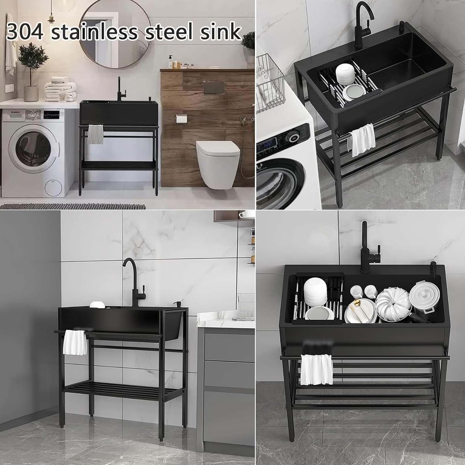 Lavello Cucina 1 Vasca 80cmx45cmx85cm Lavandino da Esterno con Supporto Lavabo in Acciaio Inox con Rubinetto Lavandino Commerciale per Garage,Ristorante,Lavatoio Lavanderia Giardino