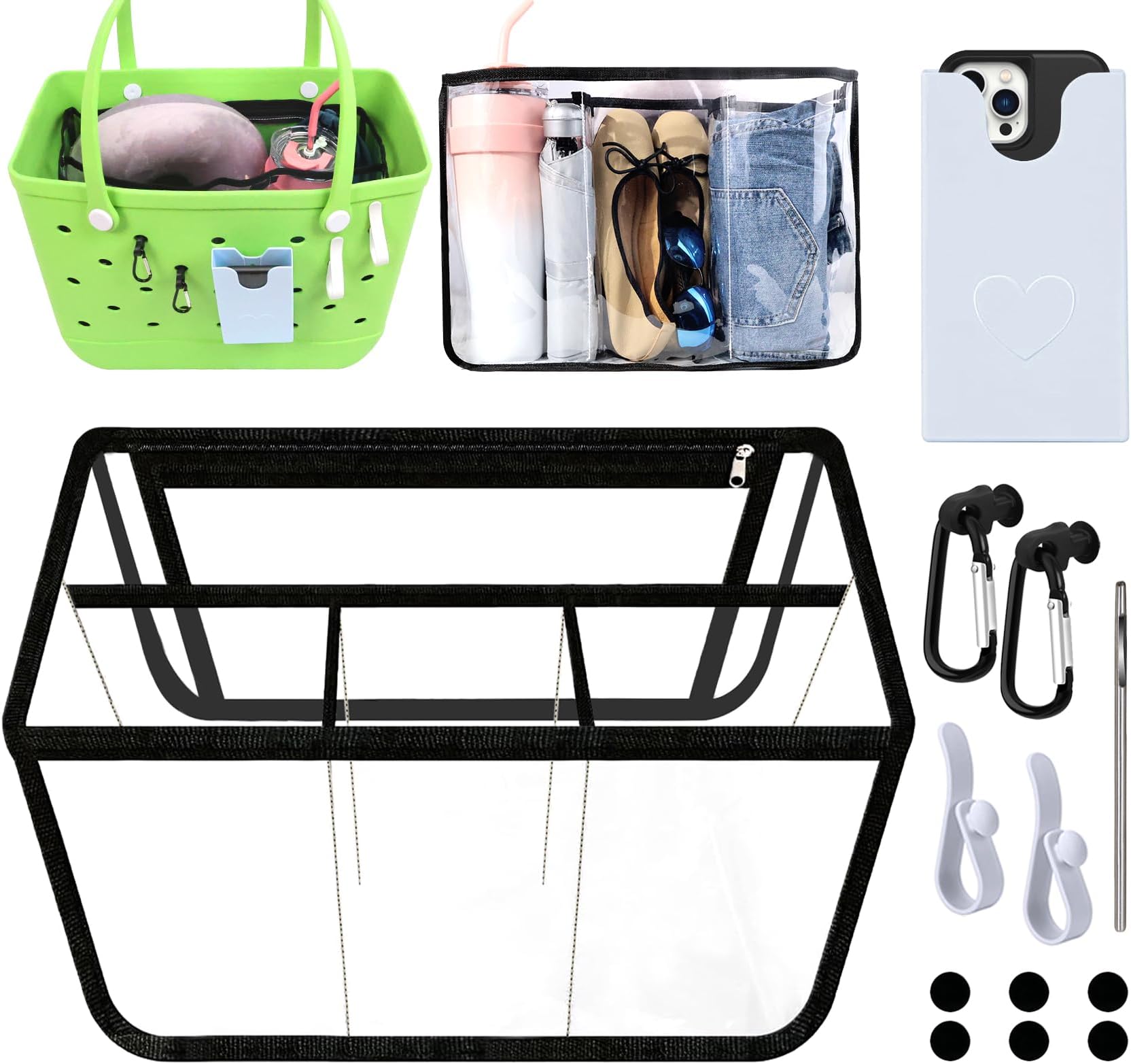 Kooterfun 6Pcs Clear Organizer Inserts for Bogg Bag X - Large Original Accessories 18.1x8.2x12.2in with Phone Holder & key Holder for Bogg bag & Other Rubber Beach Bag, Organizer & Divide Space | 6Pcs, Large Original, Accessories, with Phone Holder, key Holder, for Bogg bag