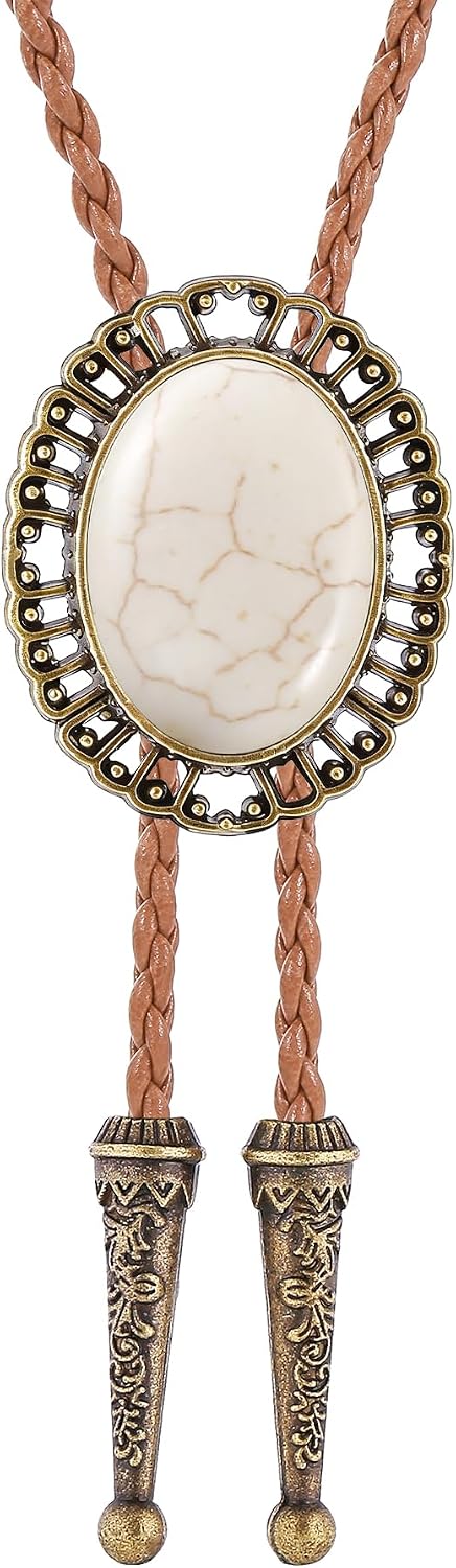 Western Vintage Bolo Tie for Men Cowboy Necklace Gold Leather Necktie Handmade Halloween Costume Accessories