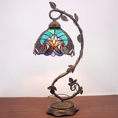 Miniatura 5 de WERFACTORY Lámpara de vitrales estilo Tiffany, lámpara de mesita de noche, luz de escritorio de lectura, base de hoja de metal, 8 x 10 x 21