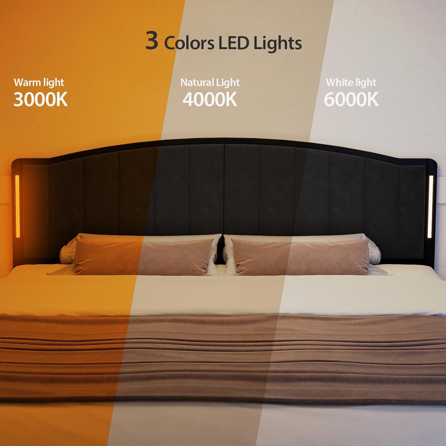 Headboard for Queen Size Bed with LED Lights, Upholstered Vertical Channel Tufting Head Boards, Velvet Headboard Only, Attach Frame, Ideal for Bedroom, Dorm, Guest Room, Black