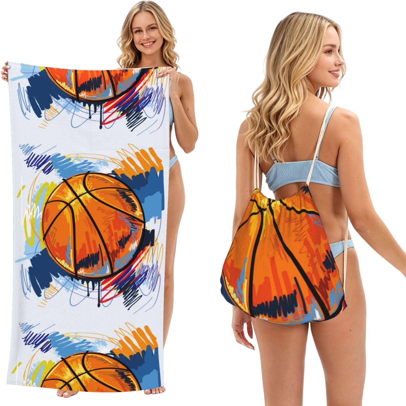 Poadnly Basketball Colorful Background Printed, 2 in 1 Packable Towel Bag, Beach Towels with Drawstring Backpack for Travel Holiday Camping