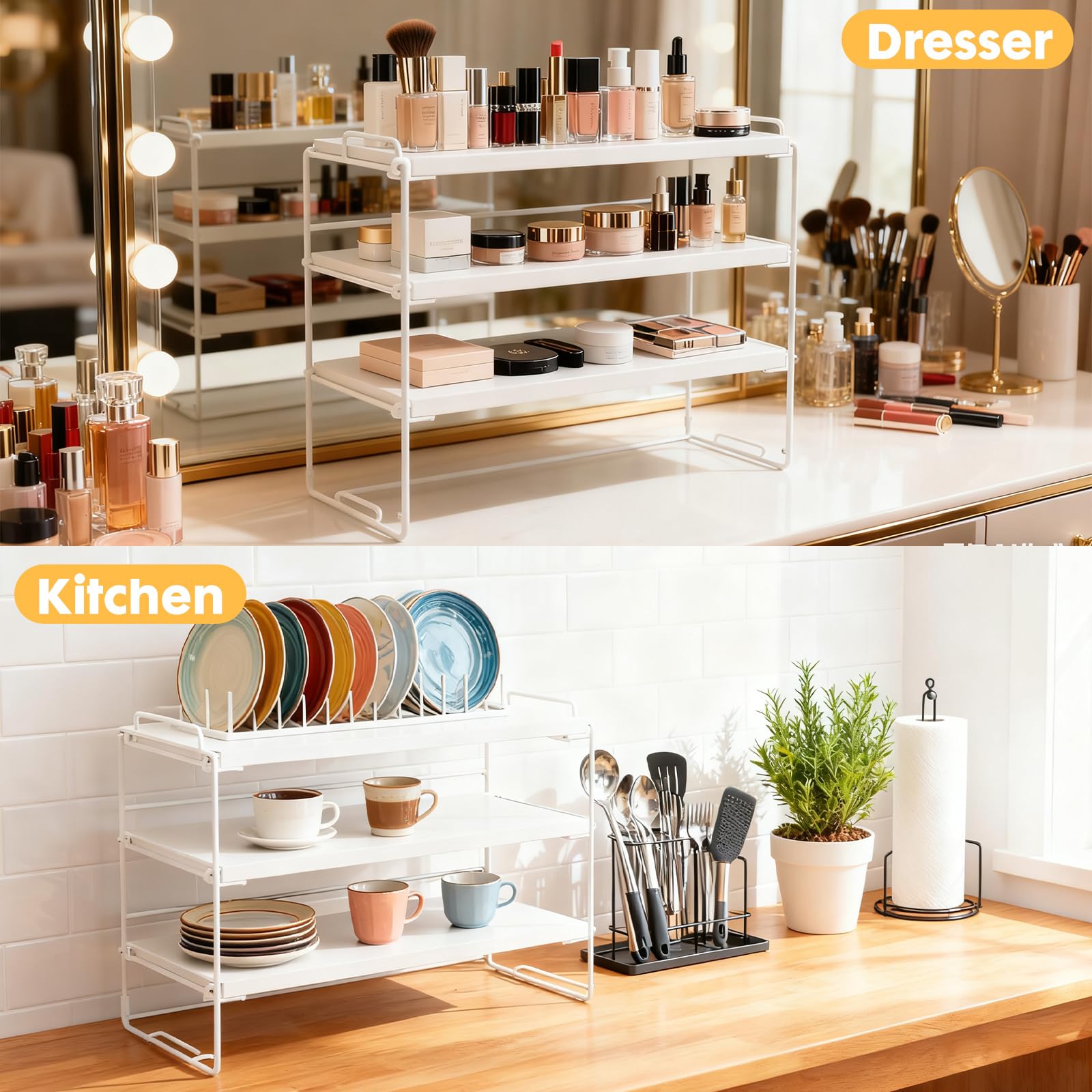 powerking Desk Shelf Organiser, Desktop Display Shelf for Figures, Adjustable Bookshelf Storage Rack and Office Cubicle Decor for Tabletop, Office, Dorm (White, 3 Tier)
