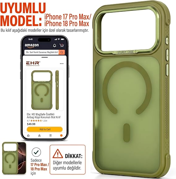 Ehr. iPhone 17 Pro Max / 18 Pro Max ile Uyumlu Metal Kamera Korumalı MagSafe Wireless Şarj Özellikli Köşeleri Airbag Korumalı Premium Silikon Arka Kapak Kılıf (Yeşil, iPhone 17 Pro Max / 18 Pro Max)