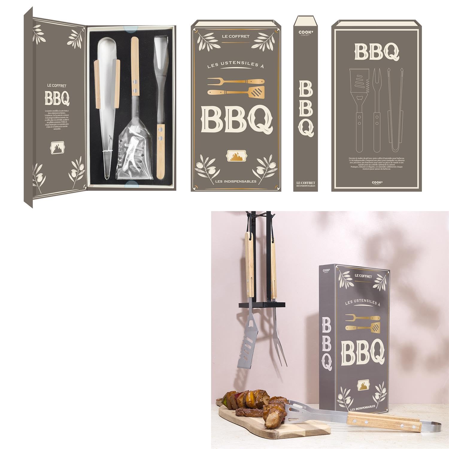 Set de regalo de accesorios para barbacoa de 3 piezas – Pinzas para barbacoa, espátula de barbacoa y tenedor de barbacoa de acero inoxidable con mango de madera – Incluye caja de regalo/maletín (forma