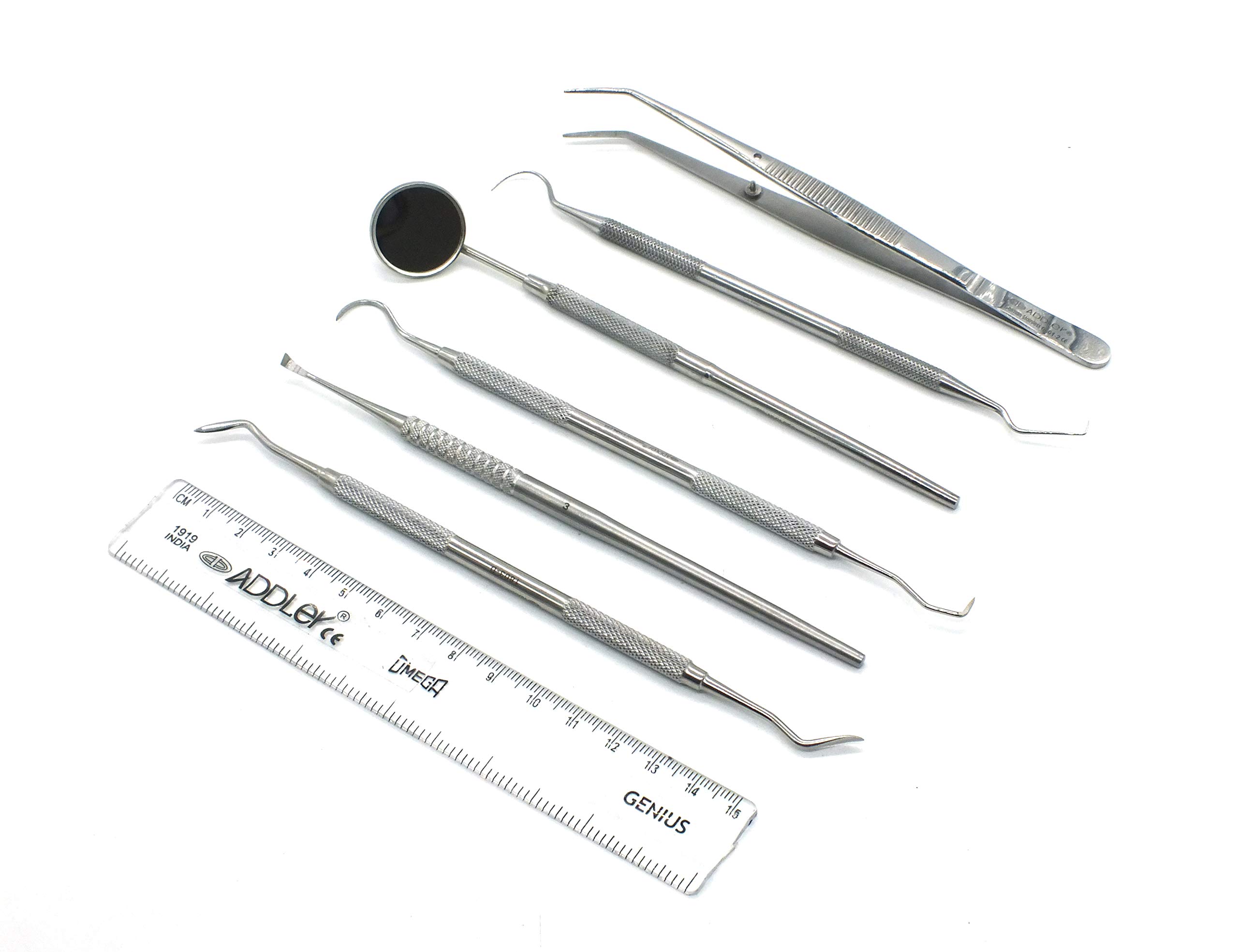 ADDLER DENTAL DOG TEETH BUILD UP AND PLAQUE REMOVER KIT OF AMALGAM CARVER, SCALER, UNIVERSAL SCALER, EXPLORER, MOUTH MIRROR WITH HANDLE, TWEEZER. SERRATED DOUBLE ENDED, 6 MM HANDLE. QTY 5.-image-43