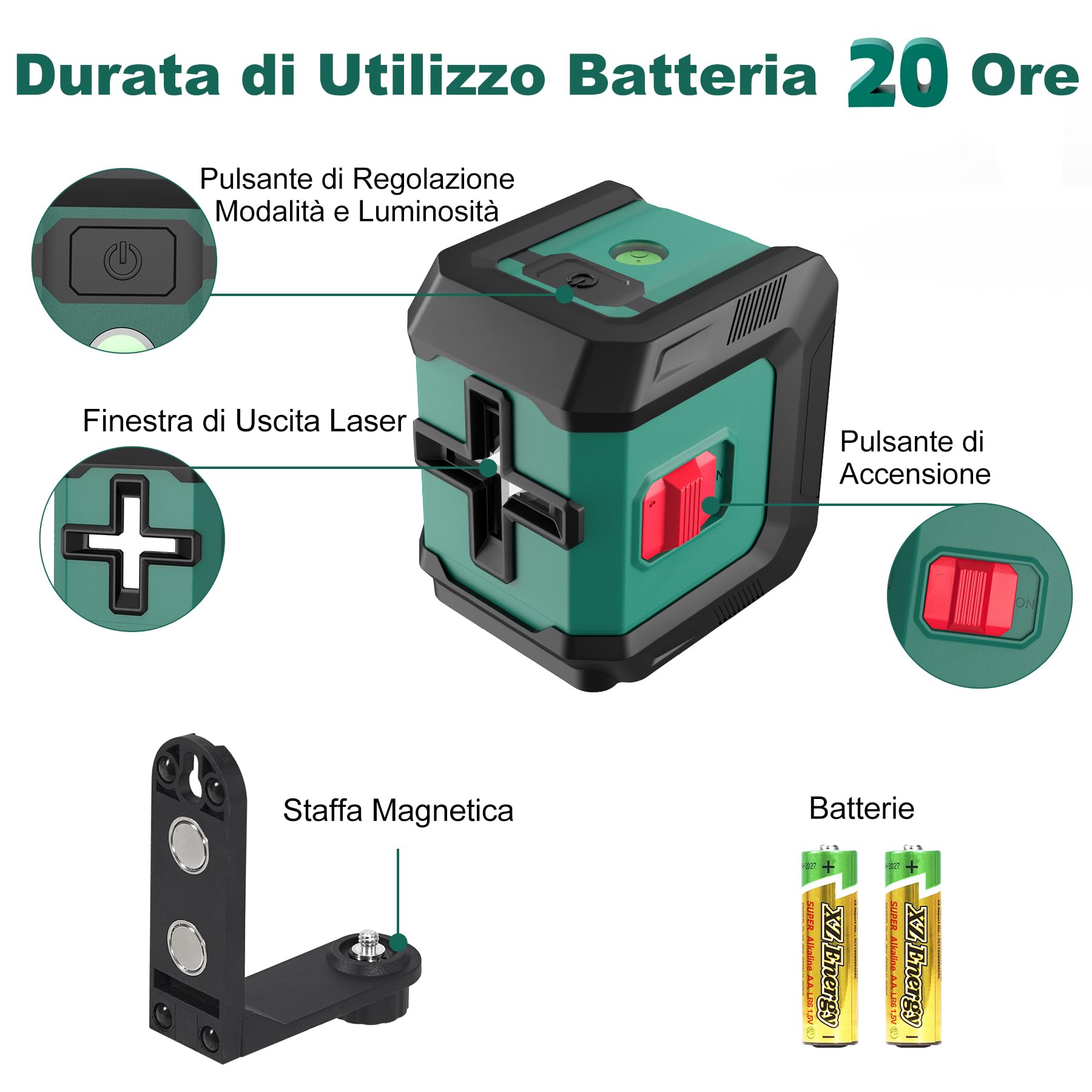 HYCHIKA Livella Laser Autolivellante, Livella Laser Verde Regolabile con 3 Livelli di Luminosità, Livello Laser 15M con Magnetica Supporto, 2 Batterie AA, Uso Interno ed Esterno