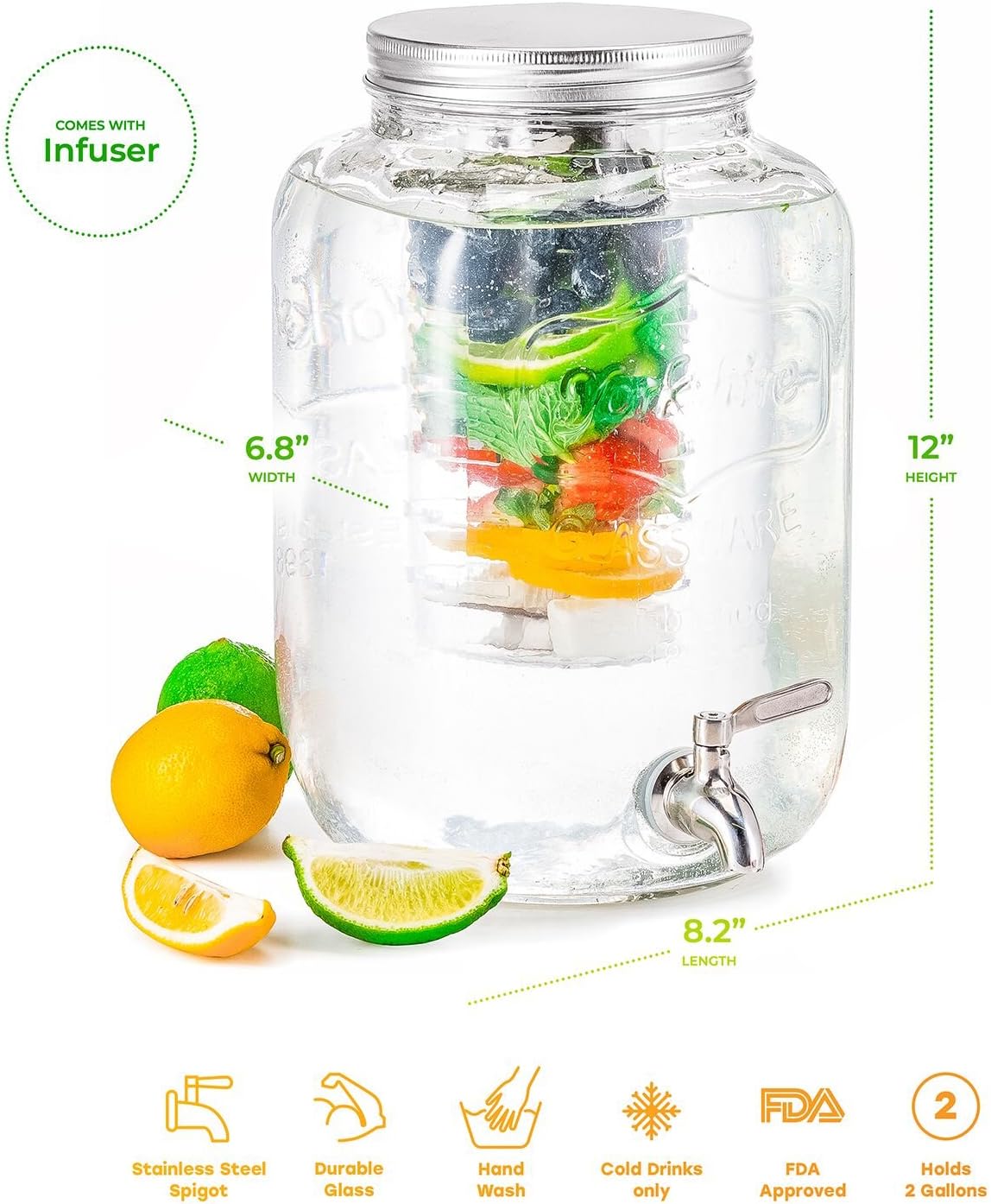KooK Glass Drink Dispenser with dimensions labeled
