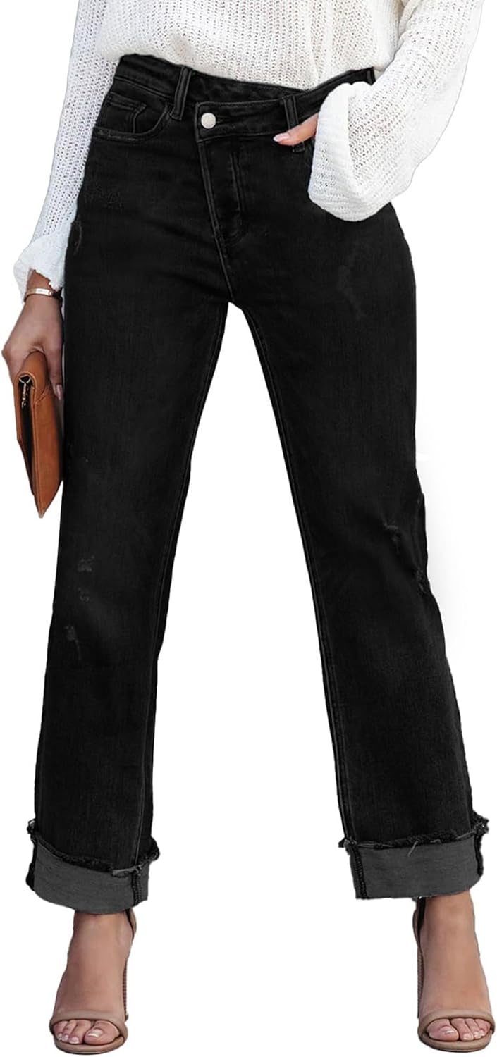 Womens Cargo Denim Jeans High Waisted Stretchy Flap Pocket Straight Leg Pants