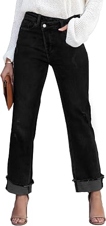 Womens Boyfriend High Waisted Jeans Cuffed Straight Leg Distressed | Tummy control, comfortable stretchy baggy fit, perfect for daily, street, concerts, festivals, parties, travel, vacations