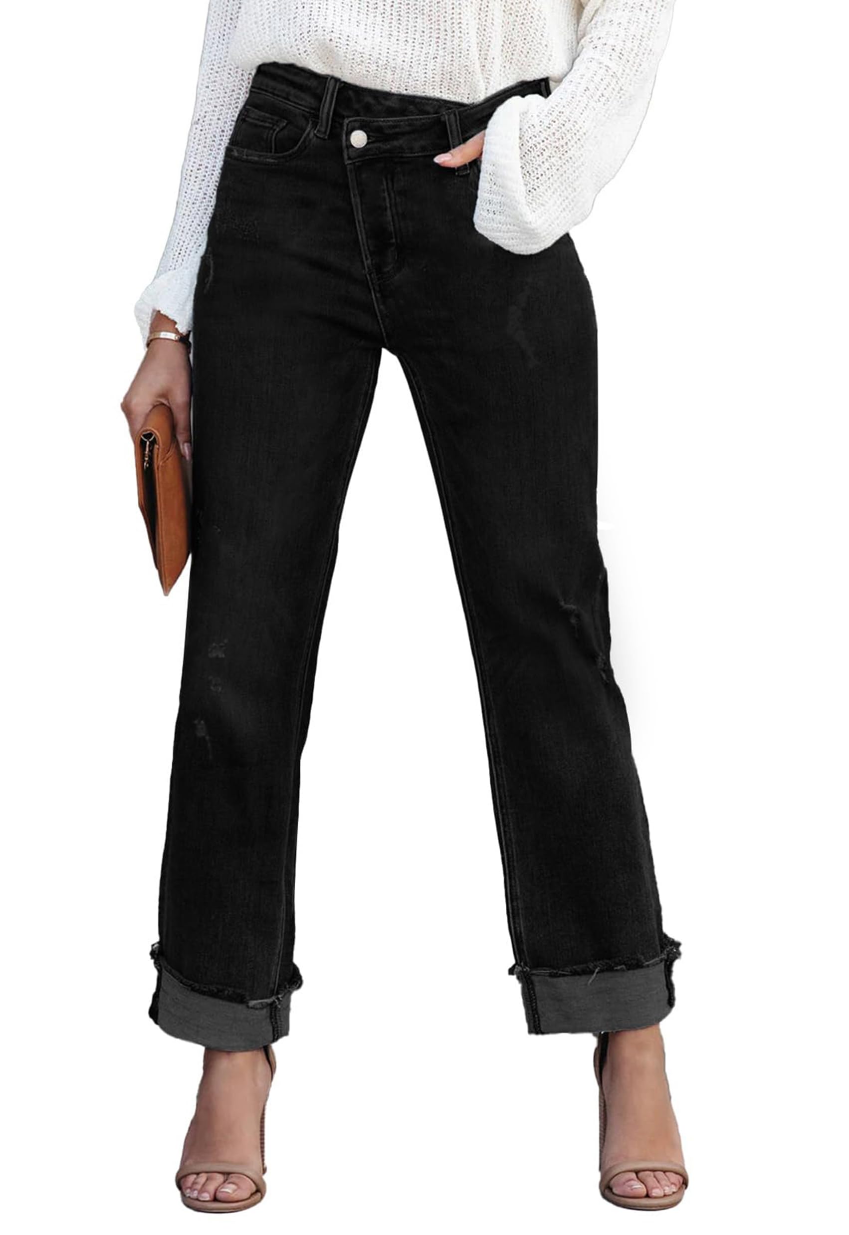 AIIYYQB Womens Denim Cargo Pants Flap Pocket High Waisted Stretchy Straight Wide Leg Jeans