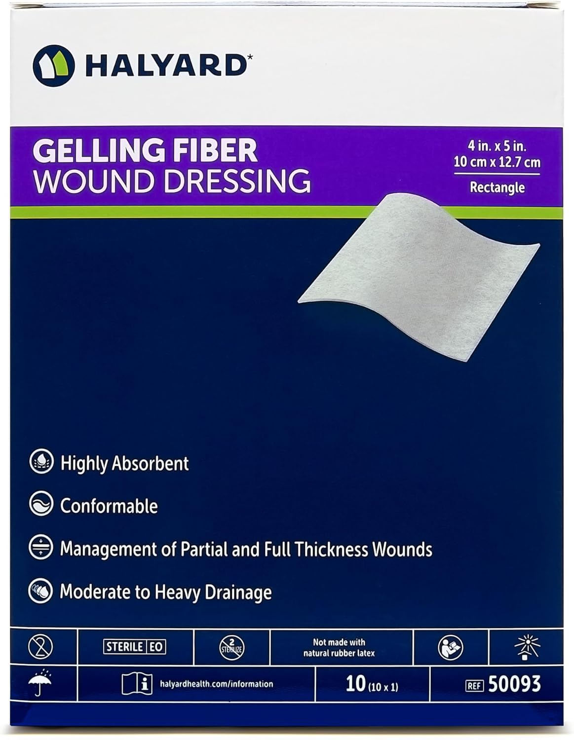 HALYARD Gelling Fiber Wound Dressing, Gentle Adhesive with Highly Absorbent Conformable Design, Maintains Structural Integrity 4 Inch x 5 Inch (Box of 10)
