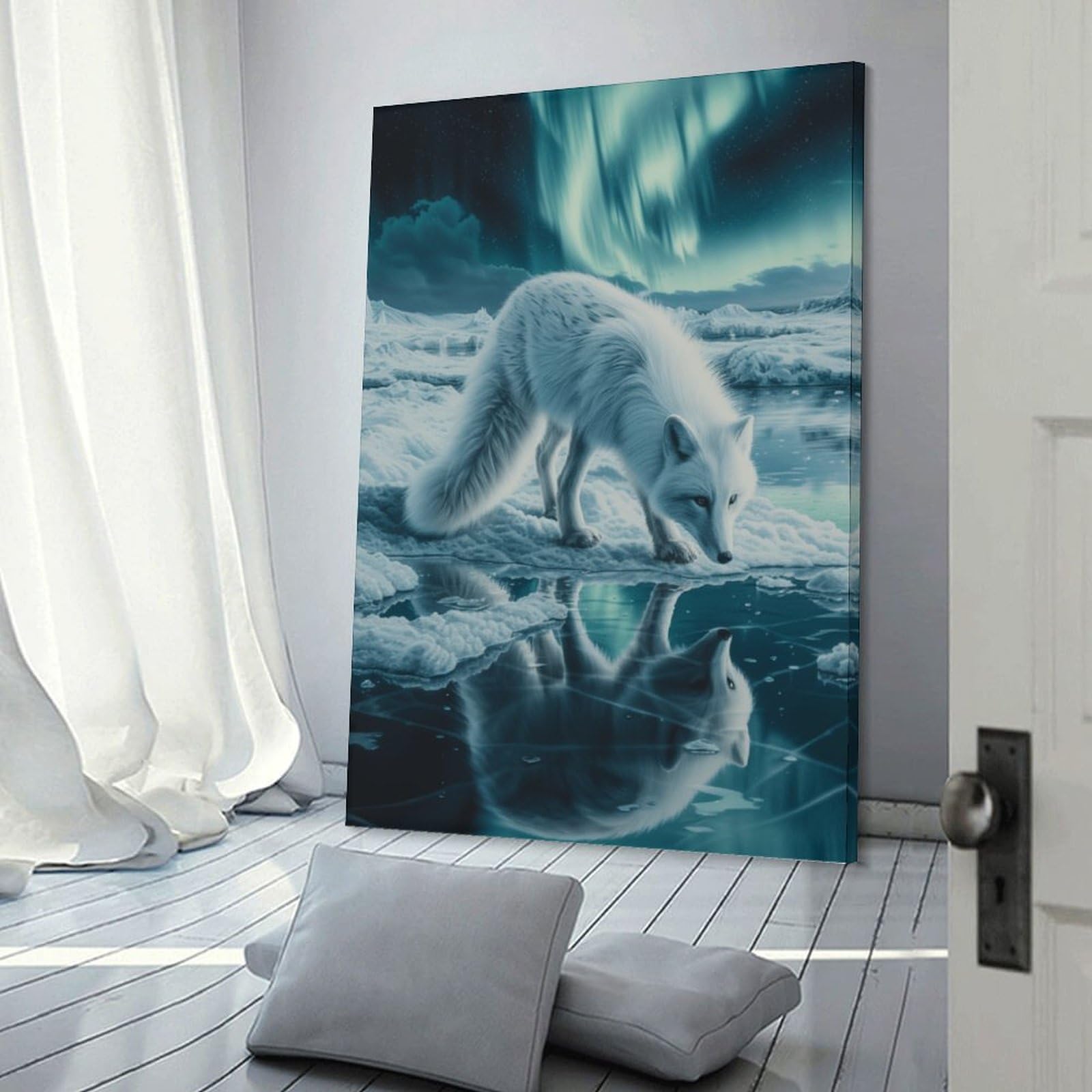 Junmoney Frame-Style-15 Arctic Fox Aurora Borealis Canvas Wall Decor, 24X36inch(60X90cm), For Flats, Guest Rooms Or Compact Rooms, Decorative Canvas Decor For Home Updates