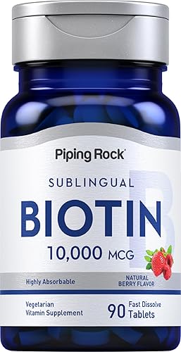 Piping Rock Biotin - Tabletas de disolución rápida de 10000 mcg | 90 unidades | Píldoras sublinguales con sabor a bayas | Máxima fuerza y alta