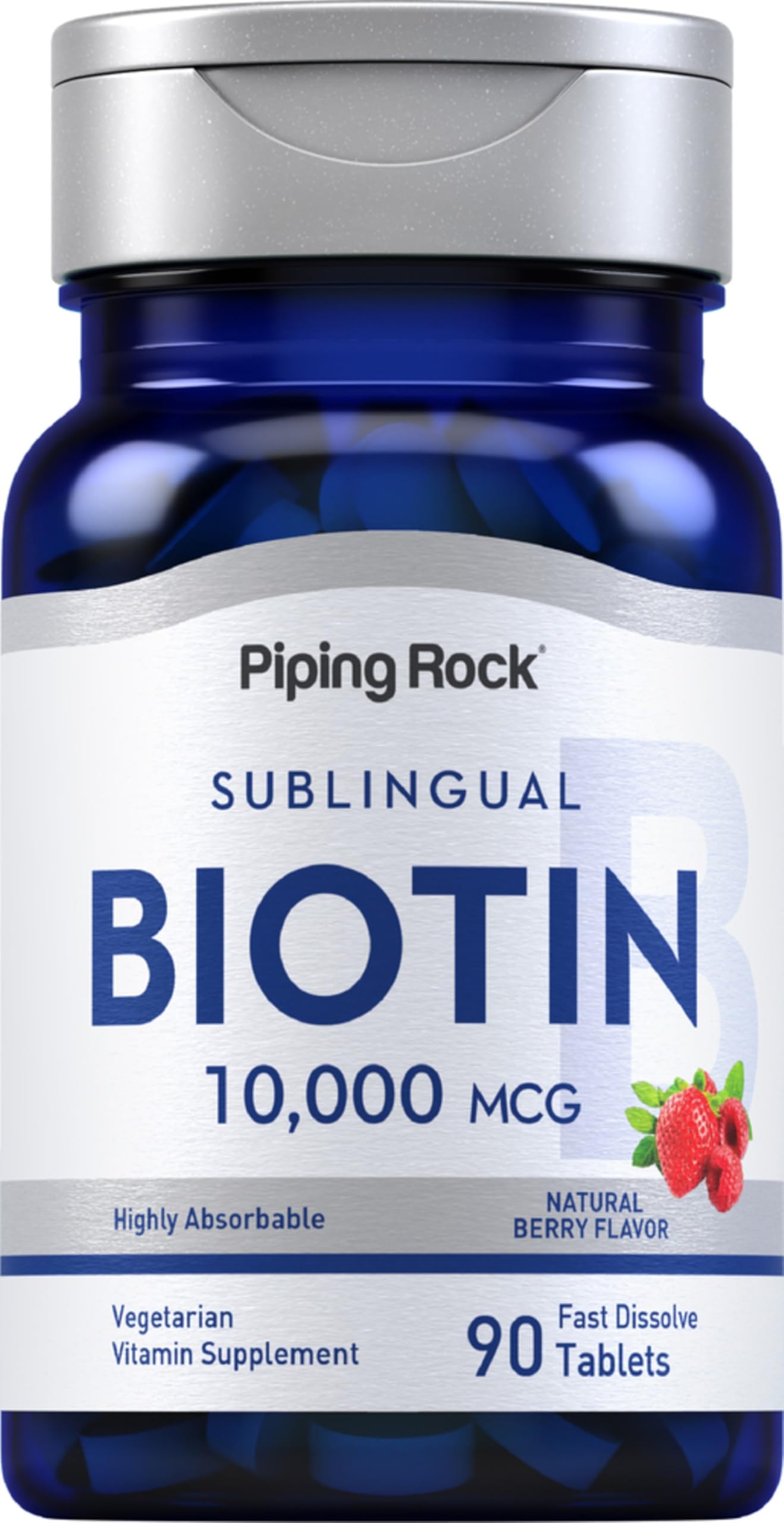 Piping Rock Biotin 10000mcg Fast Dissolve Tablets | 90 Count | Berry Flavor Sublingual Pills | Max Strength and High Absorption | Vegetarian, Non-GMO, Gluten Free Supplement