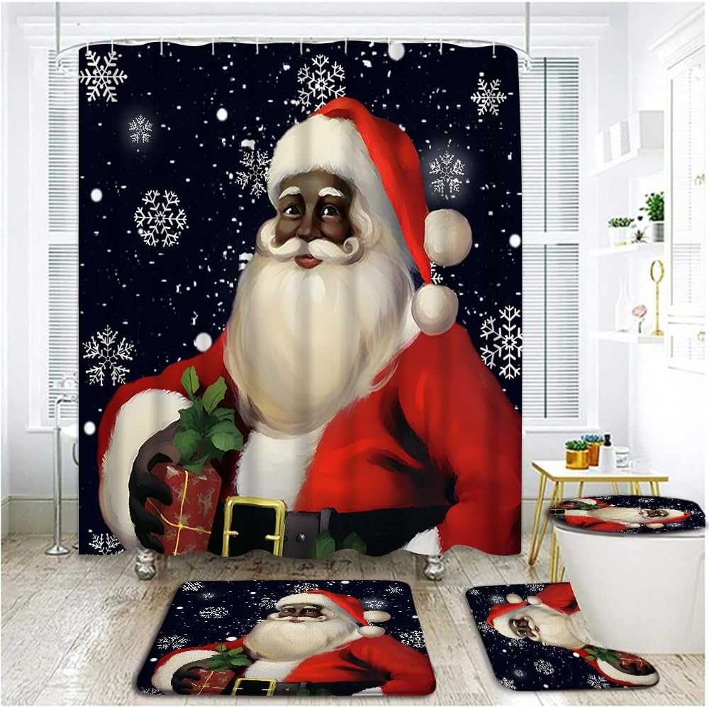 4 Piece African American Santa Claus Shower Curtain Sets with Rugs, Toilet Lid Cover ,Kind Old Man Merry Christmas Xmas Gift Snowflakes Winter Happy New Year Bathroom Shower Curtain with 12 Hooks