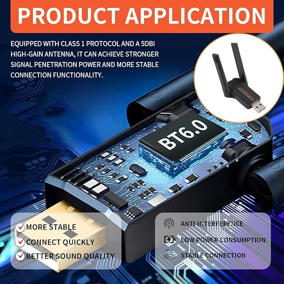 Bluetooth 6.0 Adapter Bluetooth 6.0 Adapter USB Dongle for PC USB Bluetooth Dongle with Dual Antenna Long Range Low Latency Compatible with 11 10 8.1 USB Bluetooth Adapter