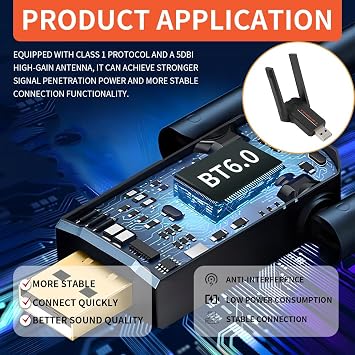 Bluetooth 6.0 Adapter Bluetooth 6.0 Adapter USB Dongle for PC USB Bluetooth Dongle with Dual Antenna Long Range Low Latency Compatible with 11 10 8.1 USB Bluetooth Adapter