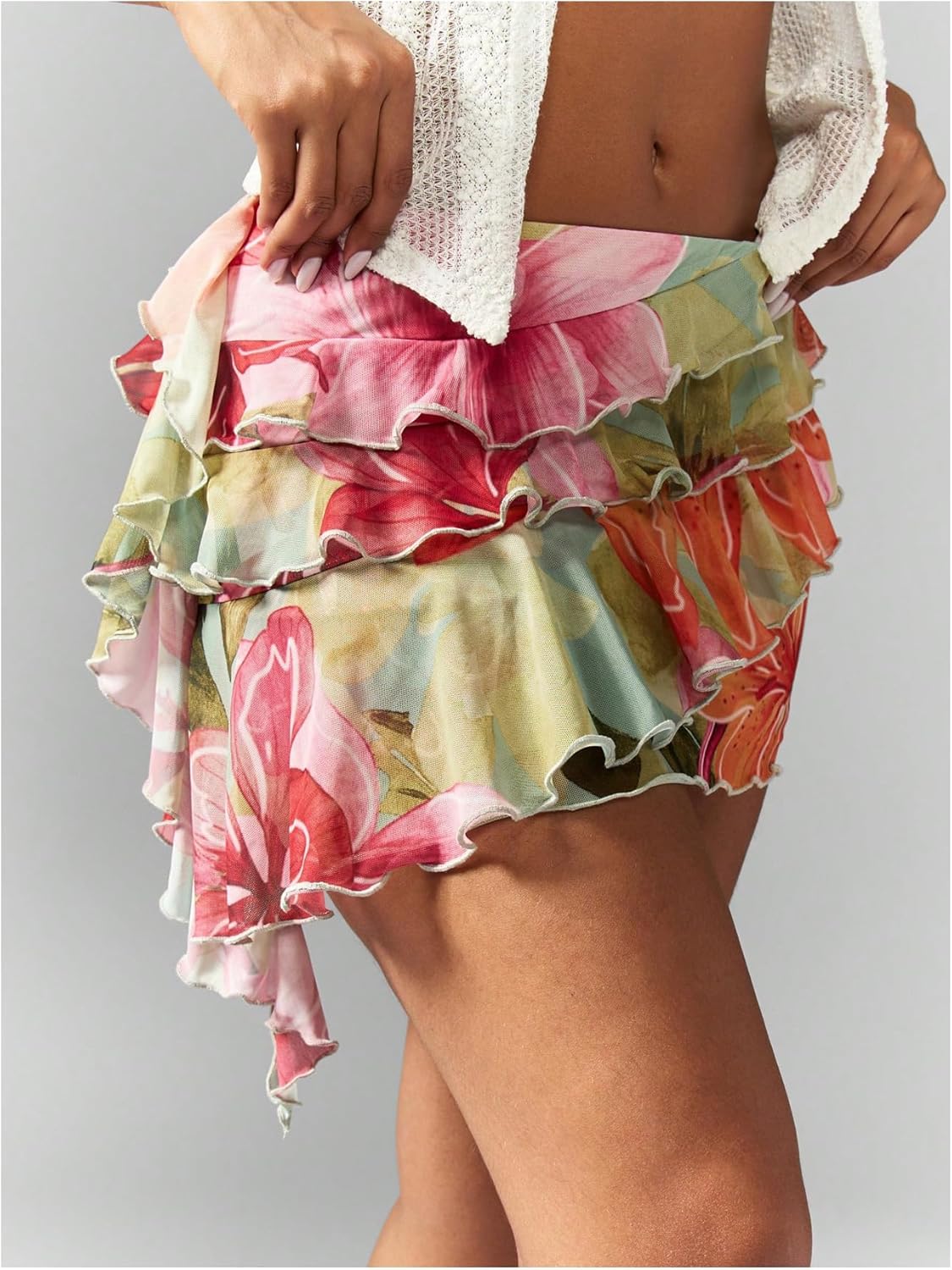 Verdusa Women's Boho Western Ruffle Skirt Floral Mesh Tiered Layered Y2K Fall Holiday Mini Skirts - Image 4