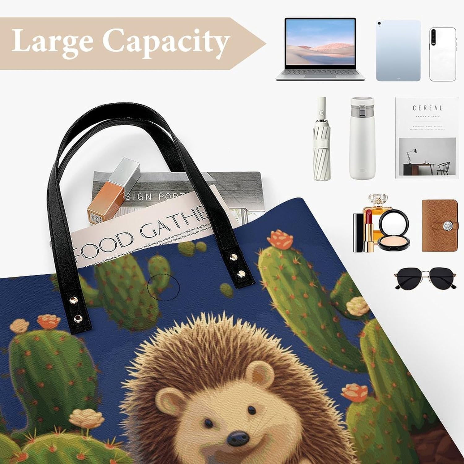 Hedgehog Cactus Tote Bag with Magnetic Buckle Reusable Grocery Bags Lightweight Cross Body Handbag for Daily Essentials