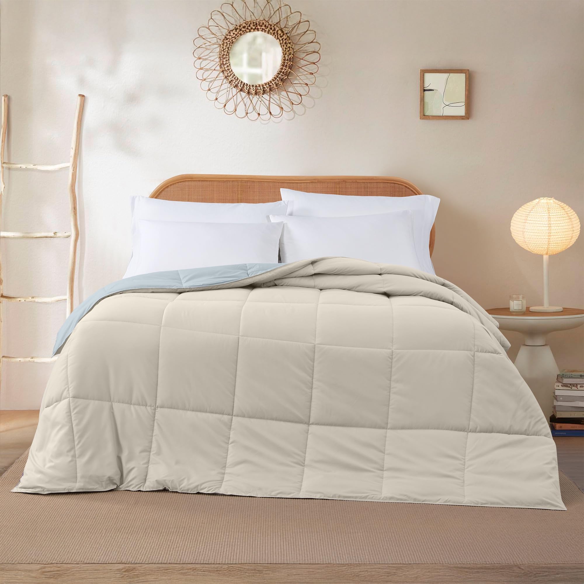 modern threads down alternative reversible comforter beigelight blue twin
