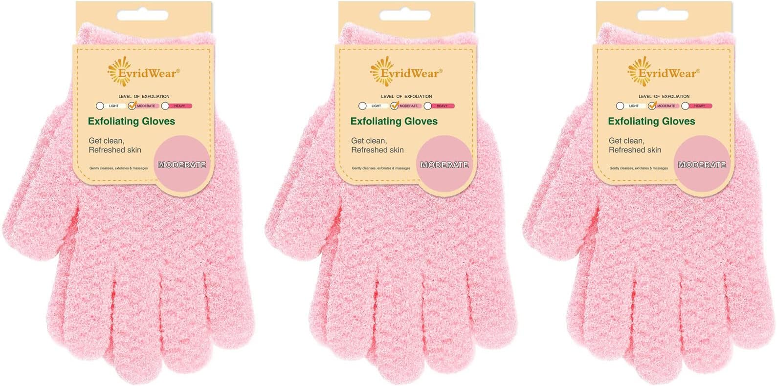 Exfoliating Gloves for Shower, 100% Nylon Thick Soft Medium Heavy Bathing Gloves Dead Skin Remover Body Scrubber Smooth Skin with Hang Loop (Pink Moderate Exfoliation- 3 Pairs)