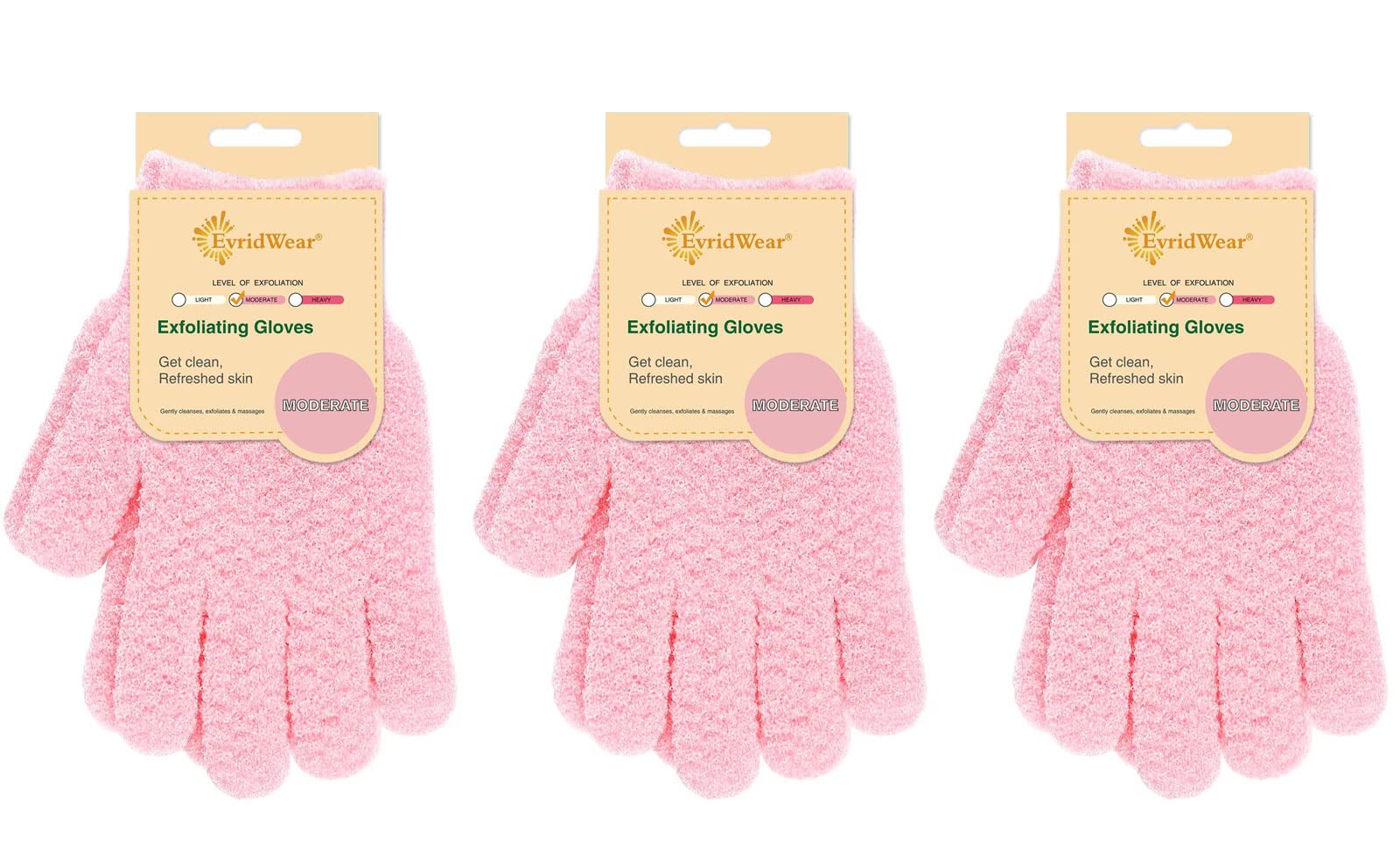 Evridwear Exfoliating Gloves for Shower, 100% Nylon Thick Soft Medium Heavy Bathing Gloves Dead Skin Remover Body Scrubber Smooth Skin with Hang Loop, 3 Pairs Moderate Pink