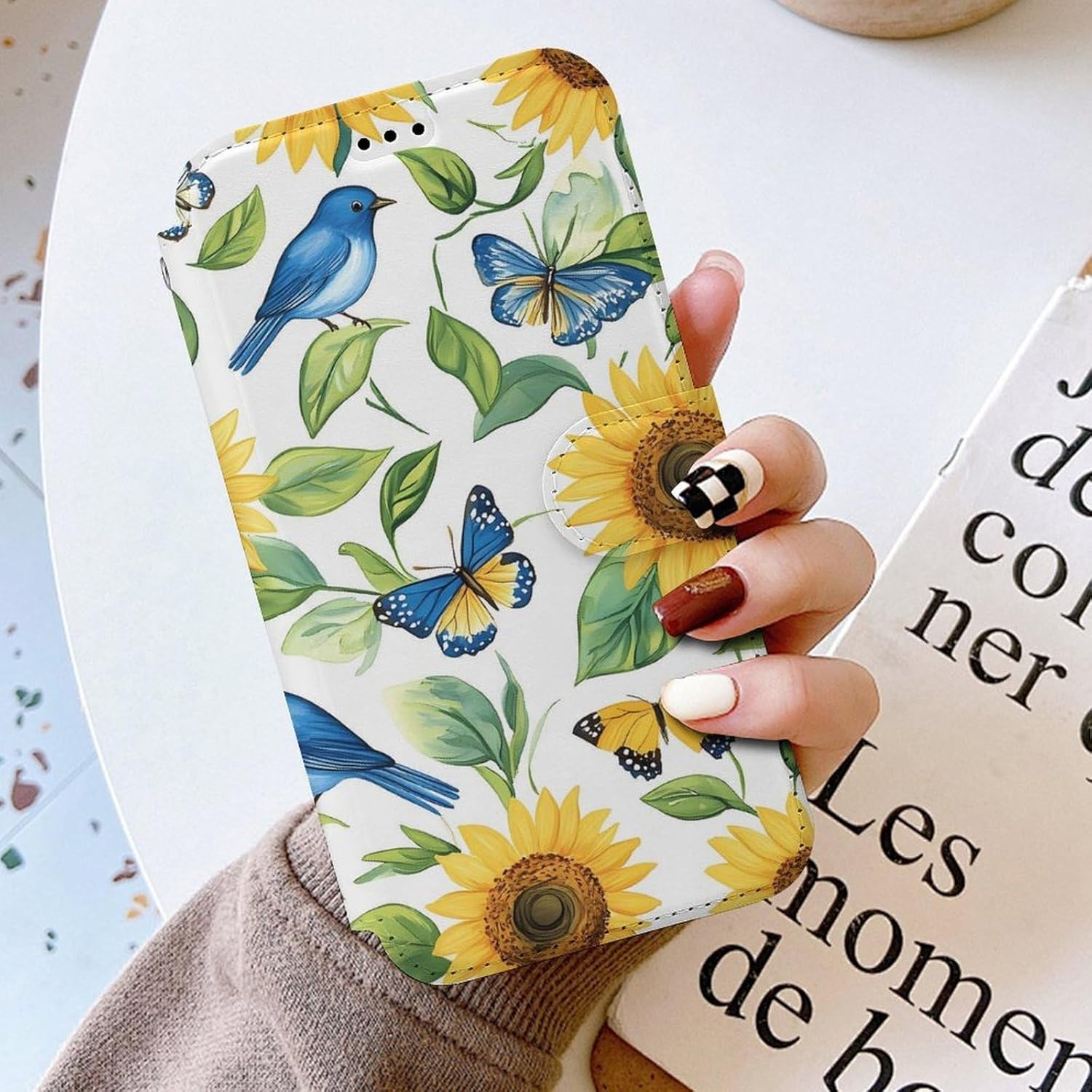 Blue Jay Birds Sunflowers Butterfly Compatible with iPhone 16/16 Plus/16 Pro/16 Pro Max/16 E Case Phone Wallet Card Holder Flip Cover with Wrist Strap