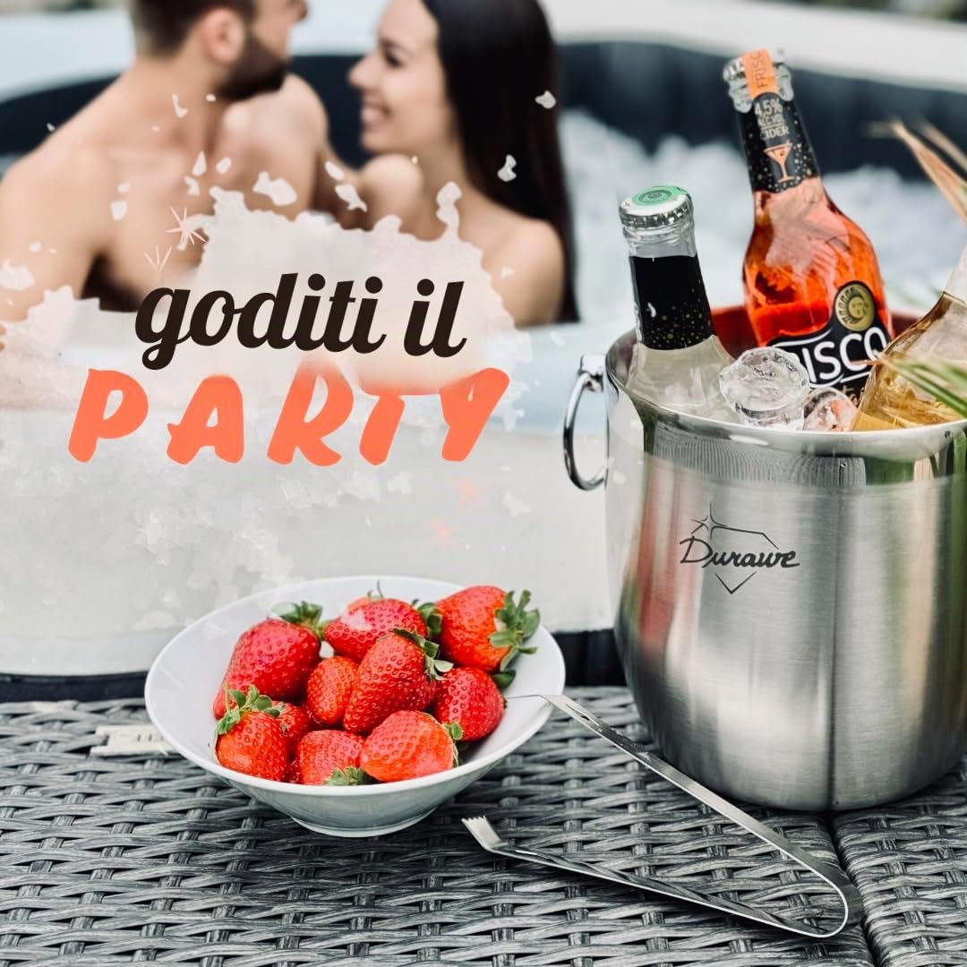 Esclusivo Secchiello per Ghiaccio Isolato - Secchiello per Champagne A Doppia Parete - 3L Secchiello Ghiaccio Champagne in Acciaio Inox per Feste con Coperchio, Colino, Pinze Ghiaccio Paletta Ghiaccio