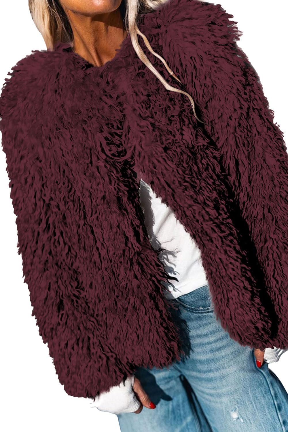 Aoang Women's 2026 Winter Coats Fleece Cropped Jacket Faux Fur Long Sleeve Shaggy Warm Outerwear Fall Clothes