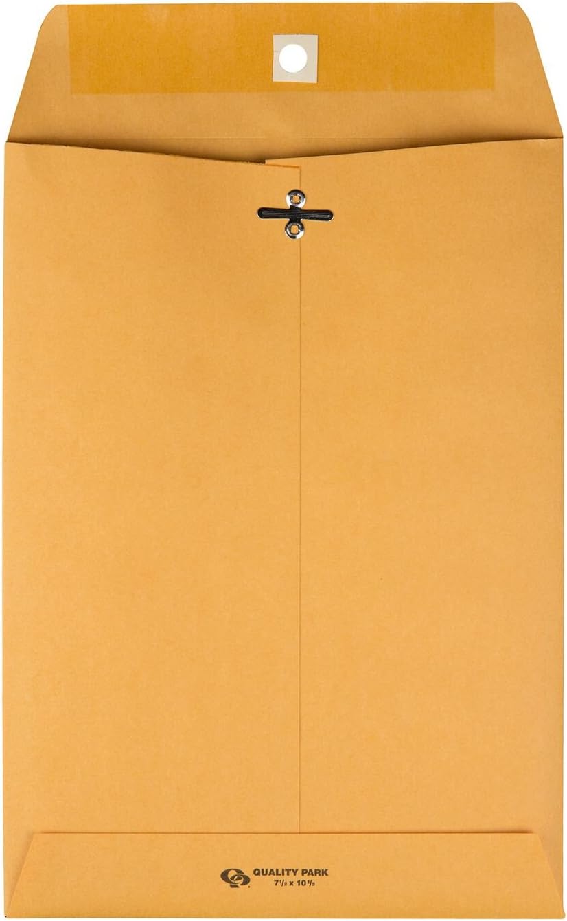 Quality Park Gummed Kraft Clasp Envelopes, 7.5 x 10.5, Box of 100 (37875), Light Brown
