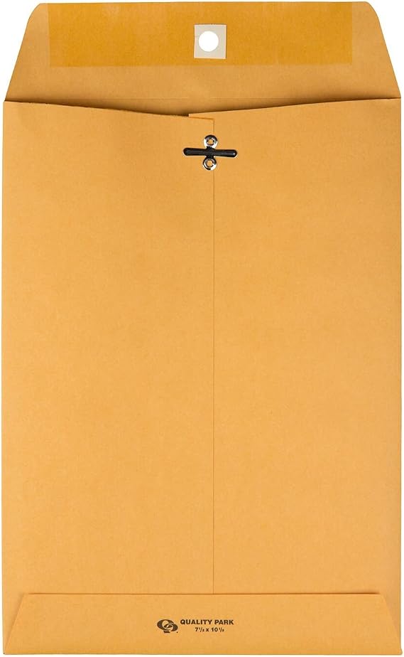 Quality Park Gummed Kraft Clasp Envelopes, 7.5 x 10.5, Box of 100 (37875), Light Brown