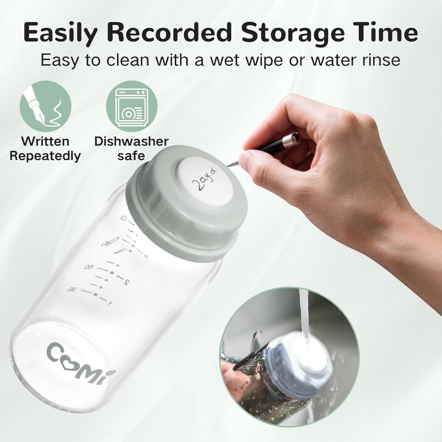 COMI Natural Glass Baby Bottle,Standard Neck Breastmilk Storage Bottle for Fridge,Breast Milk Container,Breast Pump Bottle Compatible with Medela Breast Pump,BPA Free,4PCS (5oz,4 Gray Lids) - Image 6