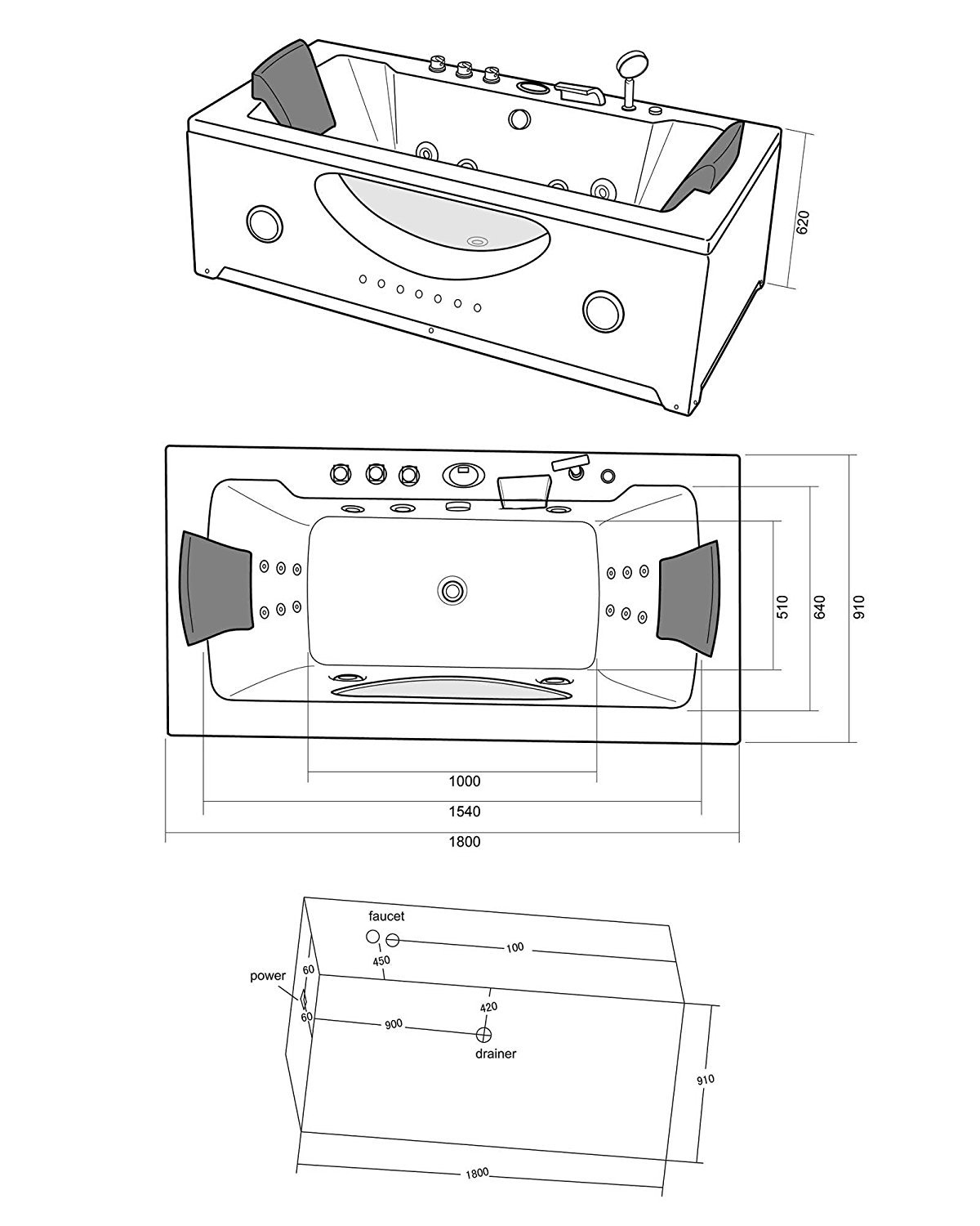 Bagno Italia vasca da bagno idromassaggio nera 180x90 cm 16 idrogetti radio cromoterapia