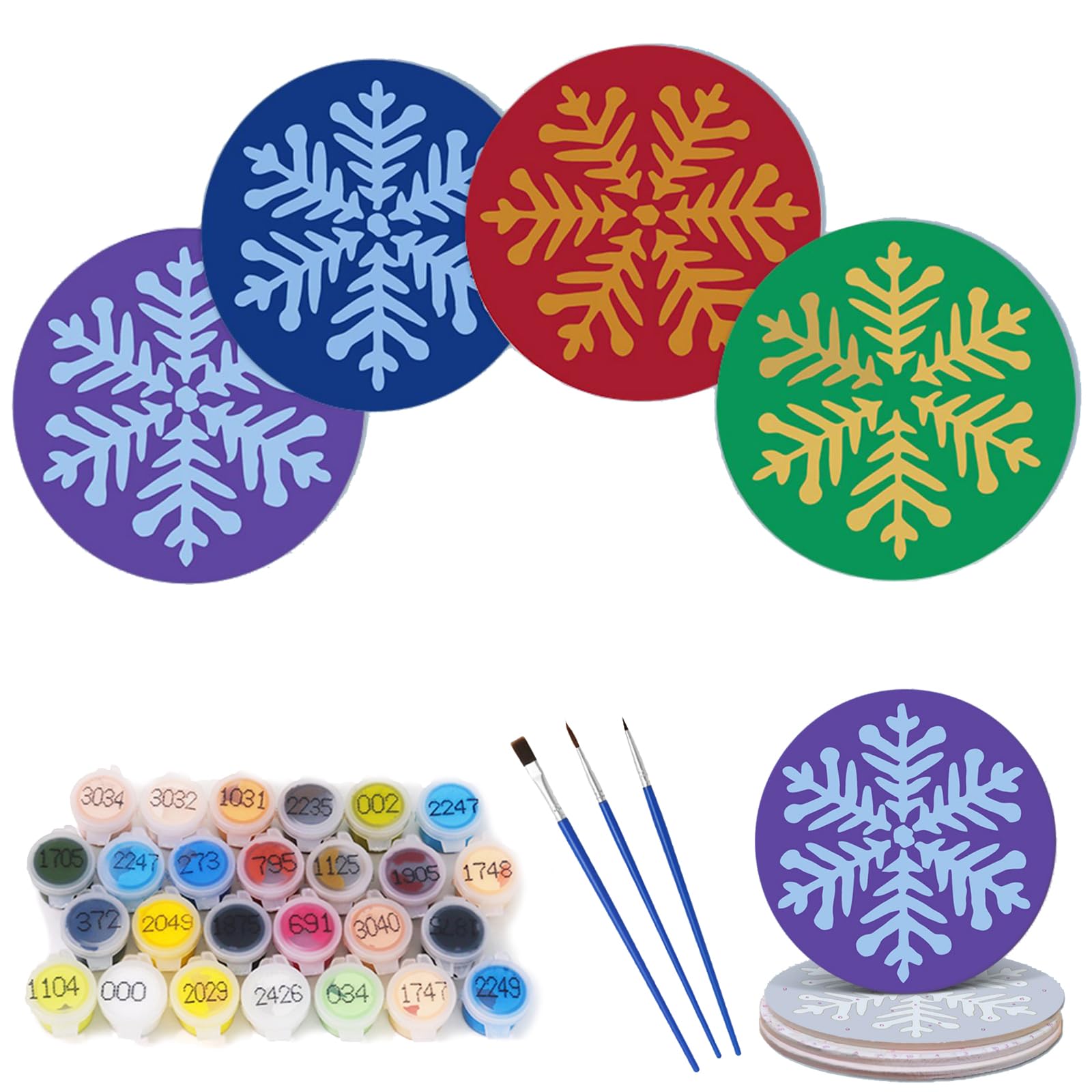 4 Pcs Paint by Numbers Coasters Kits with Holder, DIY Paint by Numbers Coasters for Adults Beginners, Coasters with Brushes Acrylic Paint, Paint by Numbers Kits Craft Supplies-13-Snowflake — image 1