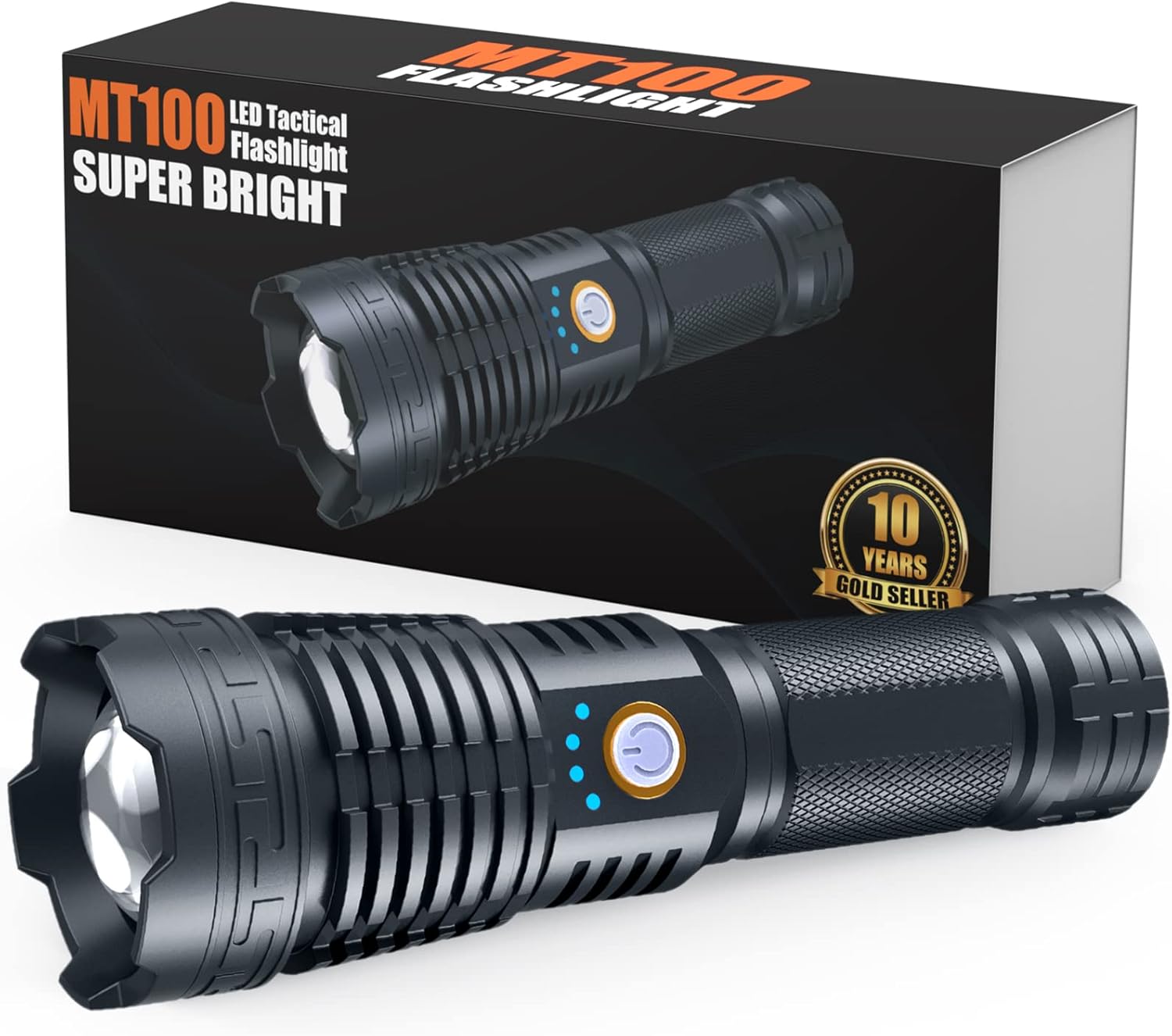 Dsstoc LED Rechargeable Flashlights High Lumens, 90000 Lumens Super Bright Tactical Flashlights with Rechargeable Battery, 5 Modes, Zoomable, IP67 Waterproof Flashlights for Camping Emergencies - - 