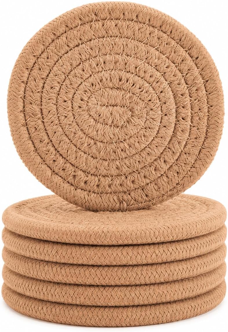 ABenkle 6 Pcs Coasters for Drinks,Super Absorbent Drink Coasters, Stylish Handmade Round Woven Coaster for Coffee Table Tabletop Protection Housewarming Gift for Home Decor – 4.3 Inches, Brown