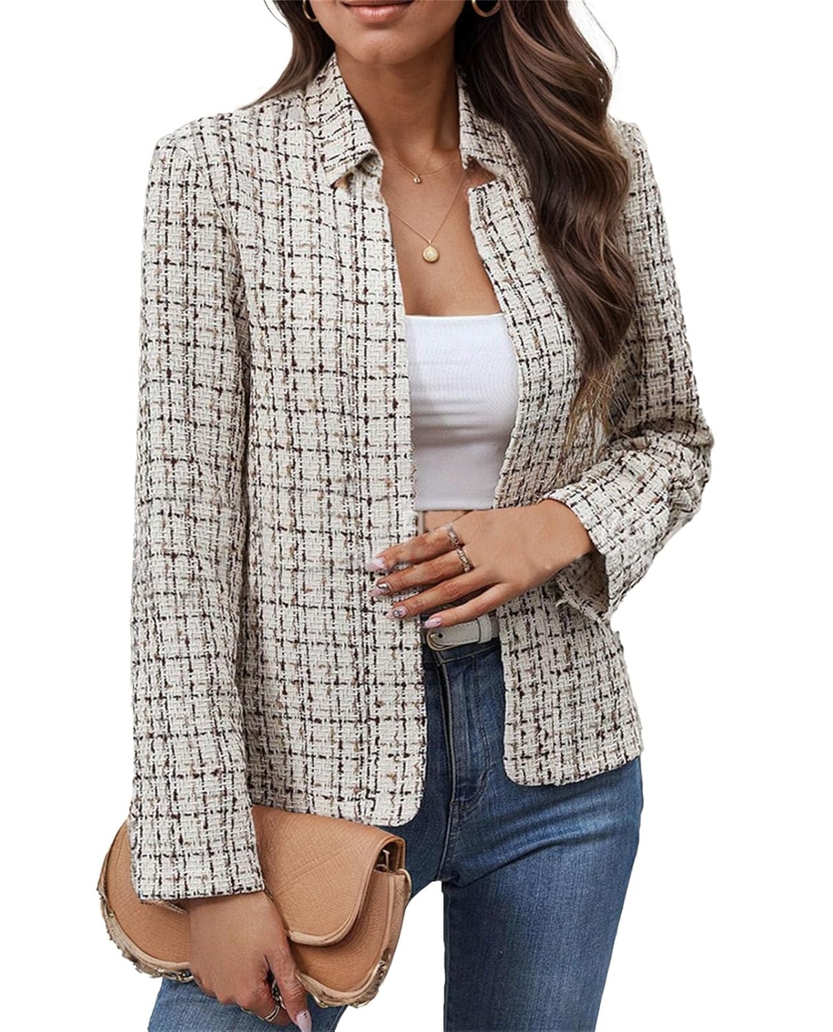 Womens Tweed Open Front Blazers Fitted Jacket Dressy Casual Notch Collar Overcoat Plaid Coat Office Outfits Outwear for