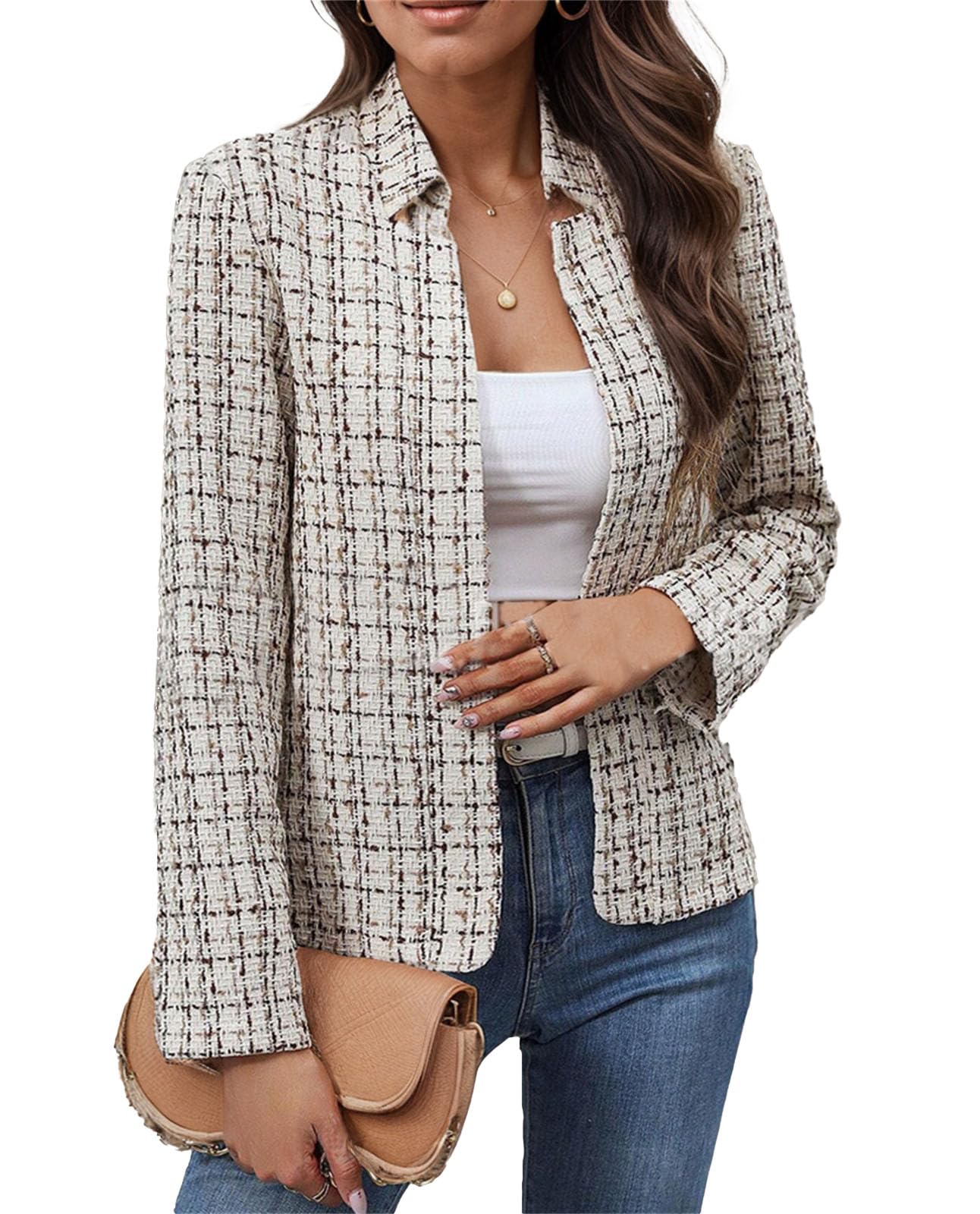 Womens Tweed Open Front Blazers Fitted Jacket Dressy Casual Notch Collar Overcoat Plaid Coat Office Outfits Outwear for